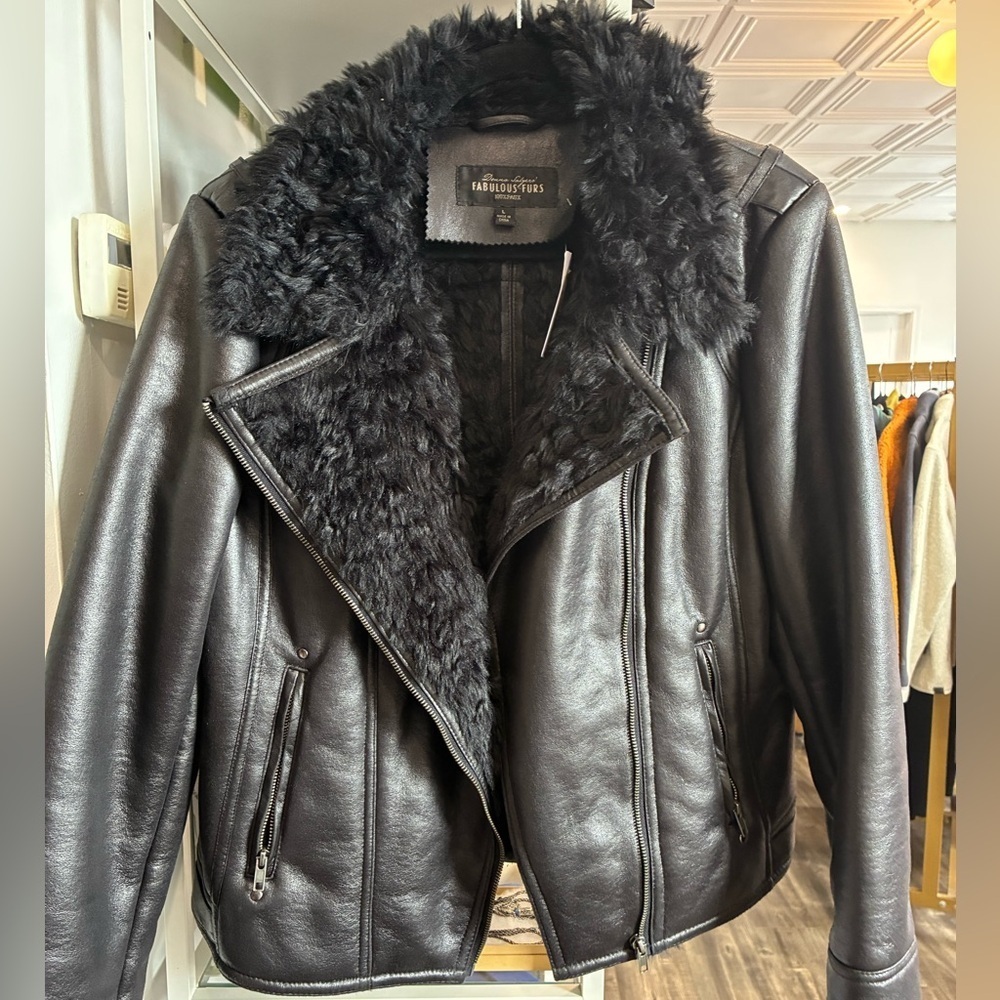 Fabulous furs black, faux, fur moto jacket size large